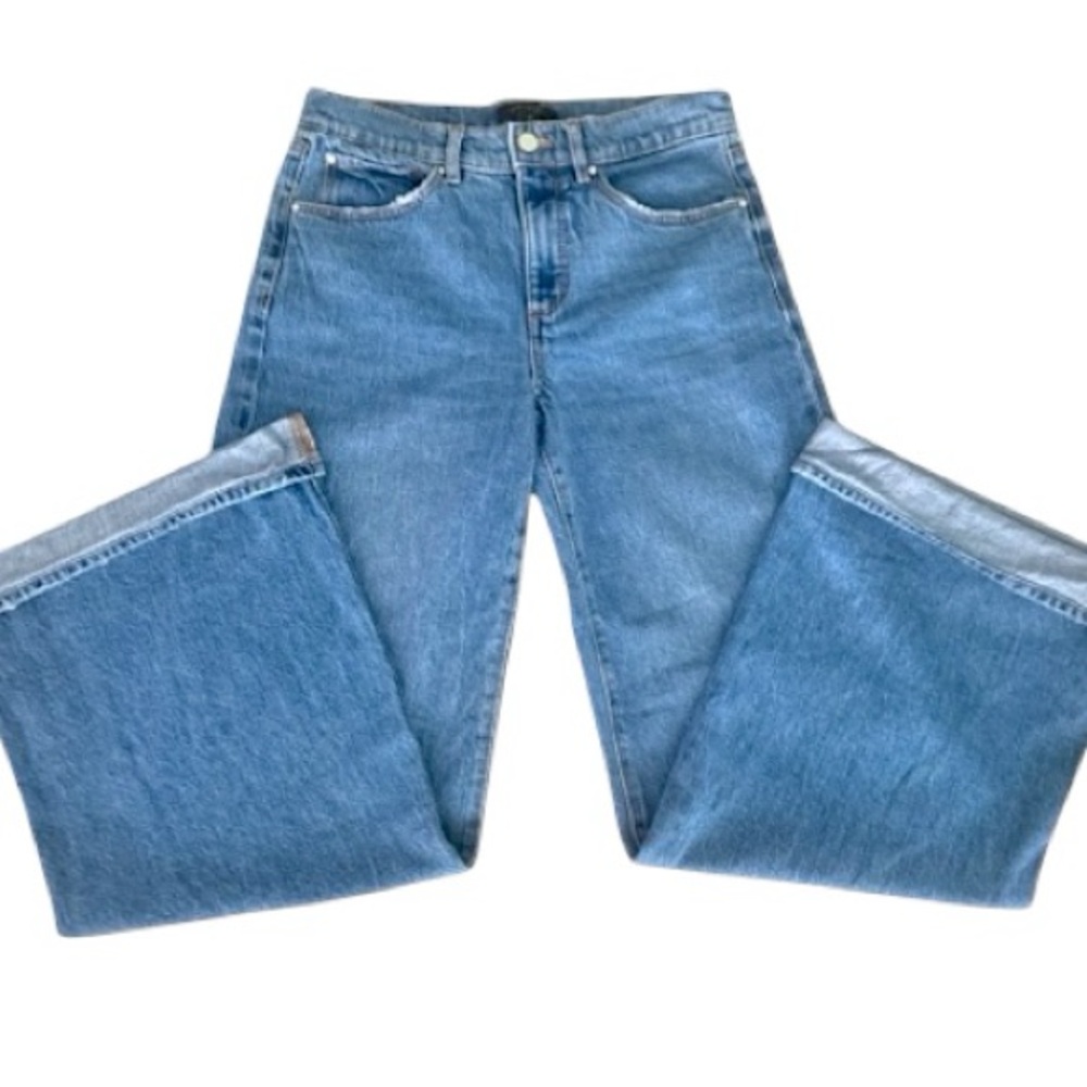 Women’s medium wash blue wide leg jeans, cuffed palazzo denim